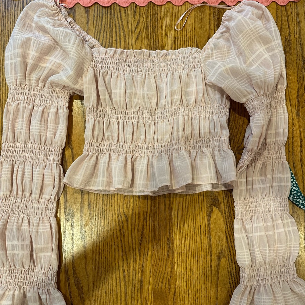 Boutique Pink Puff Sleeve Smocked Crop Blouse